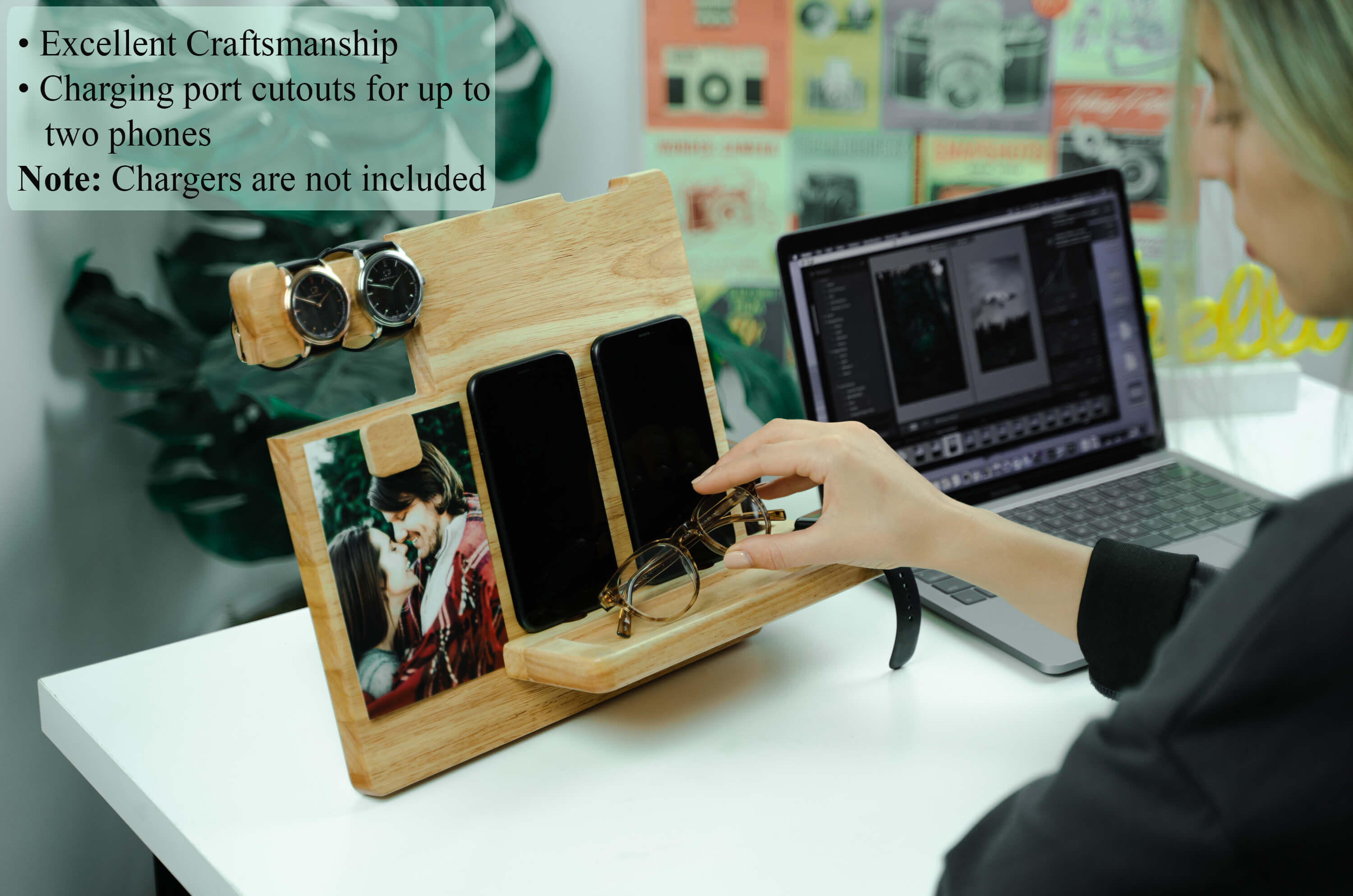 Wood Docking Station/Nightstand Organizer with Headphone Stand (Light Colour)